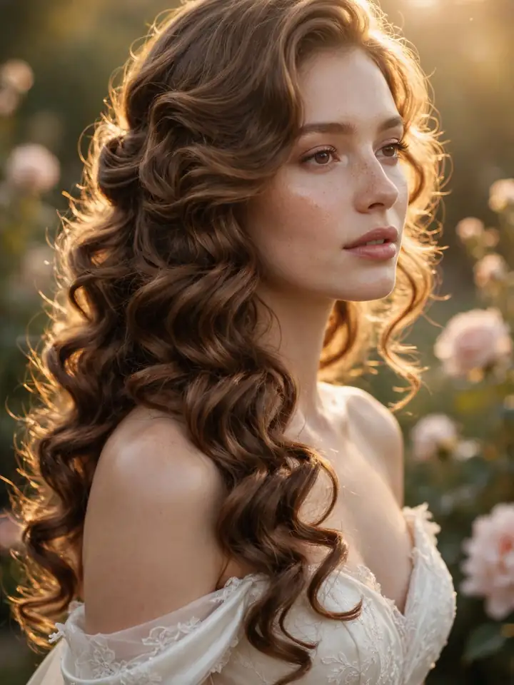 Bride with side-swept curls over one shoulder wedding hairstyle
