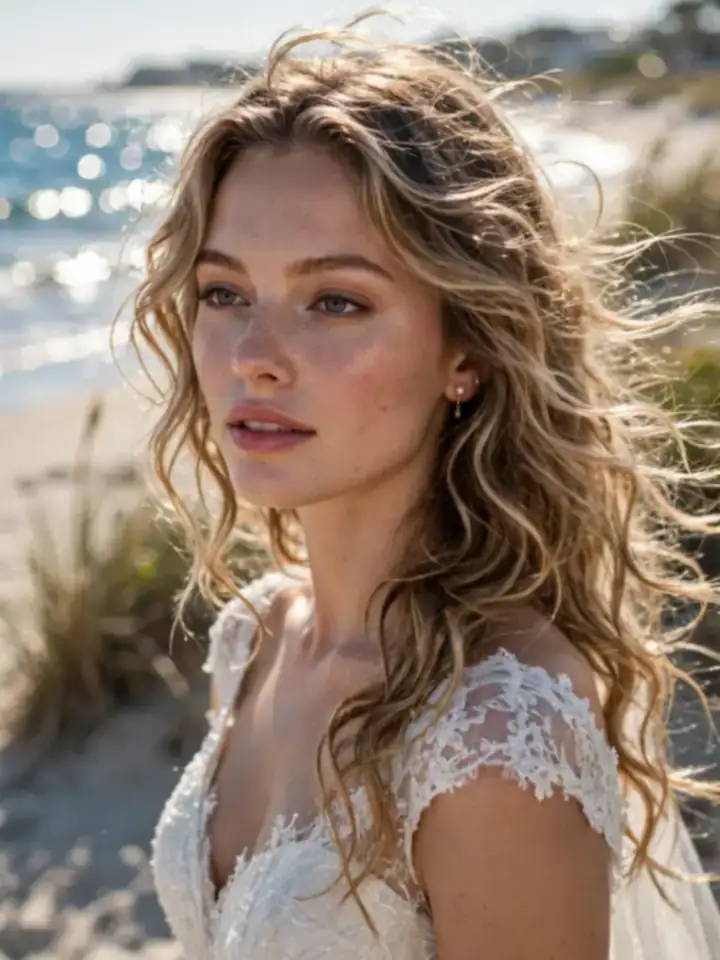 Bride with soft beach-wave curls hairstyle for a destination wedding
