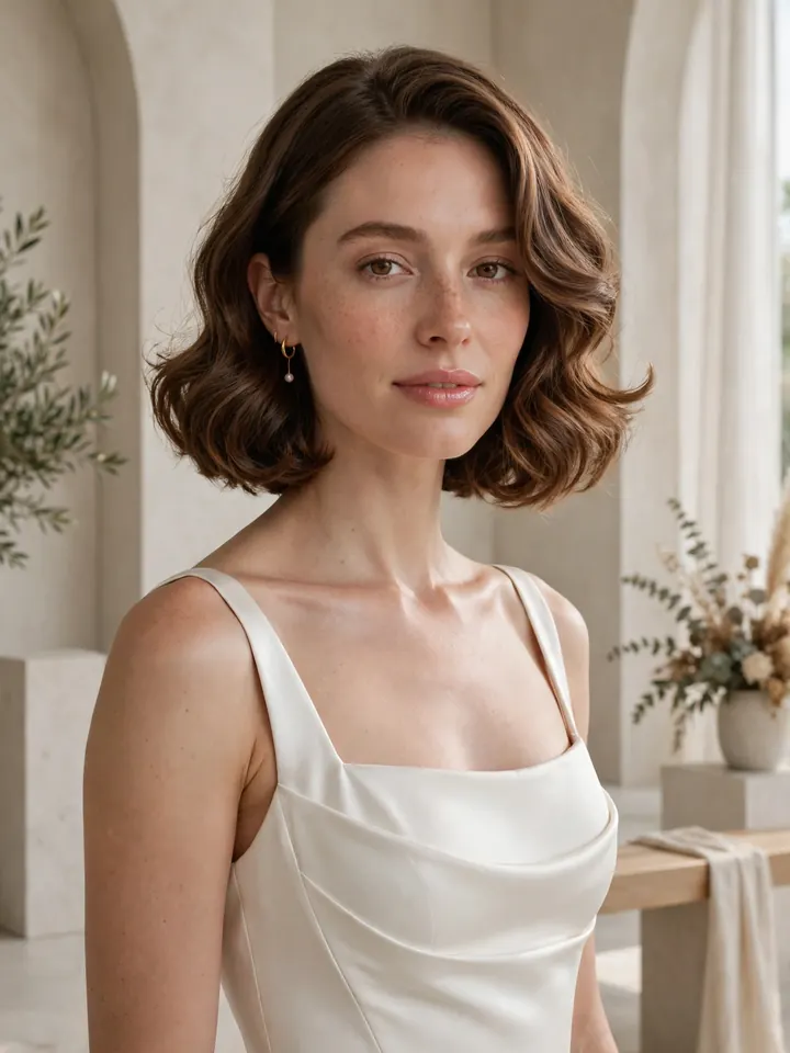 Bride with curled long bob lob wedding hairstyle for medium hair