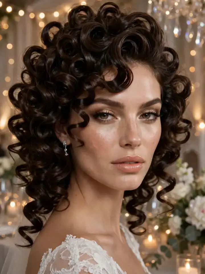 Bride with tight defined glam ringlets curls wedding hairstyle