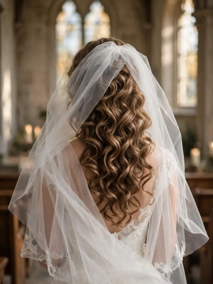 Bride with long curled wedding hairstyle flowing beneath a translucent bridal veil