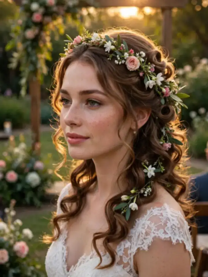 Bride with curled half-up hairstyle and fresh floral crown for garden wedding