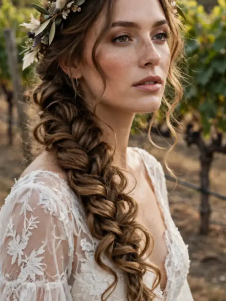 Bride with cascading curled side braid wedding hairstyle