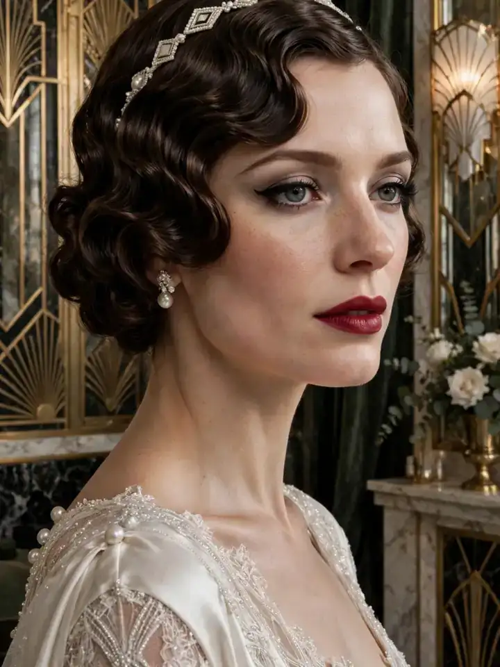 Bride with vintage finger-wave curls wedding hairstyle in art deco setting