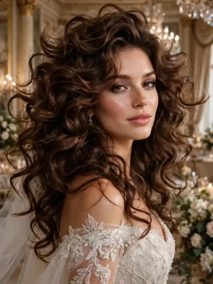 Bride with voluminous soft curls in thick hair for wedding day