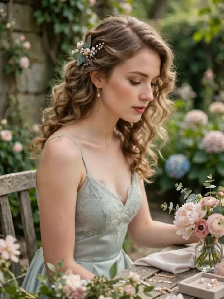 Bridesmaid with soft curled hairstyle for wedding day in garden setting