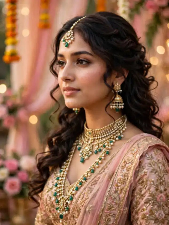Bride in lehenga with soft curled hairstyle and traditional bridal jewellery