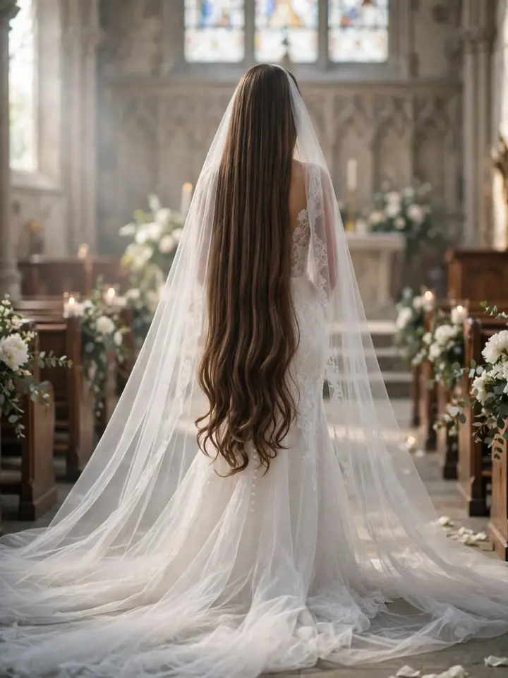 Classic down wedding hairstyle with long hair worn down under a cathedral veil