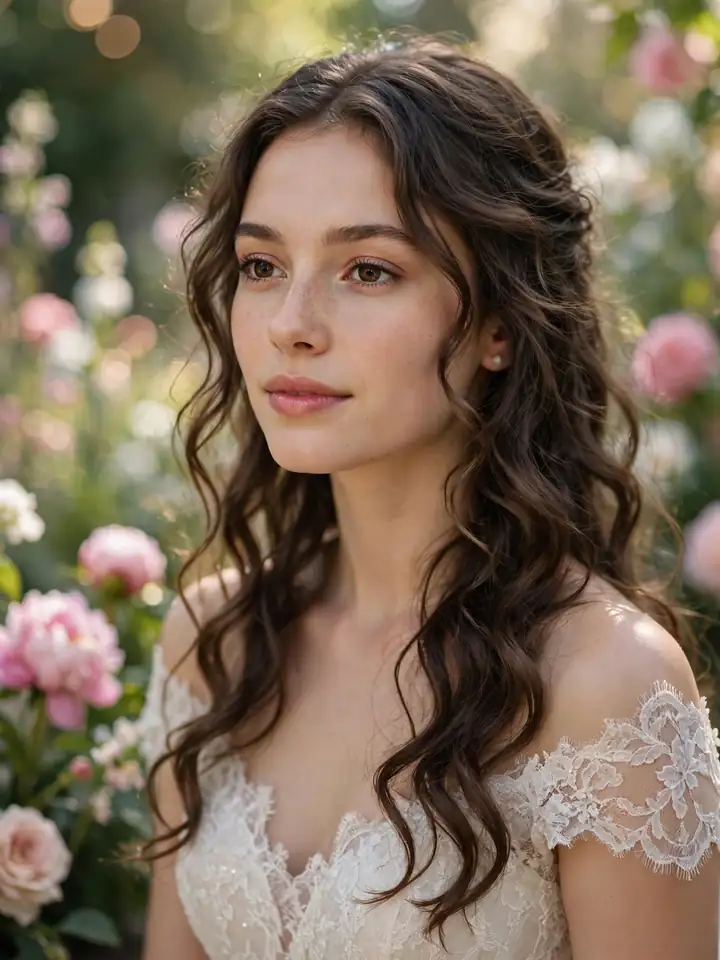 Soft romantic curls worn down over the shoulders — bridal down wedding hairstyle