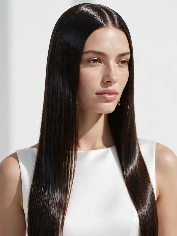 Sleek glass hair worn straight down — modern down wedding hairstyle