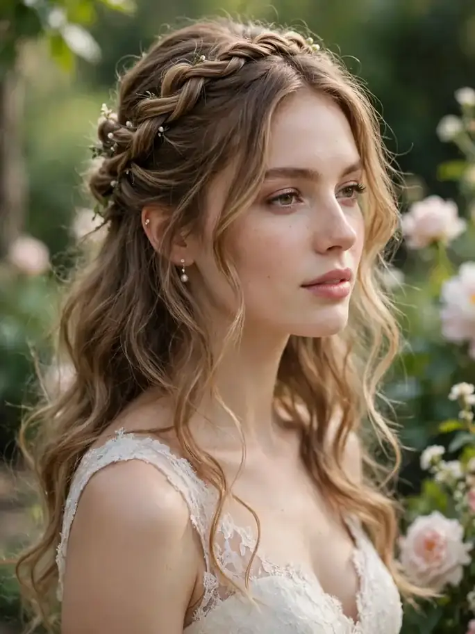 Half-up twisted crown with the rest of the hair worn down in waves