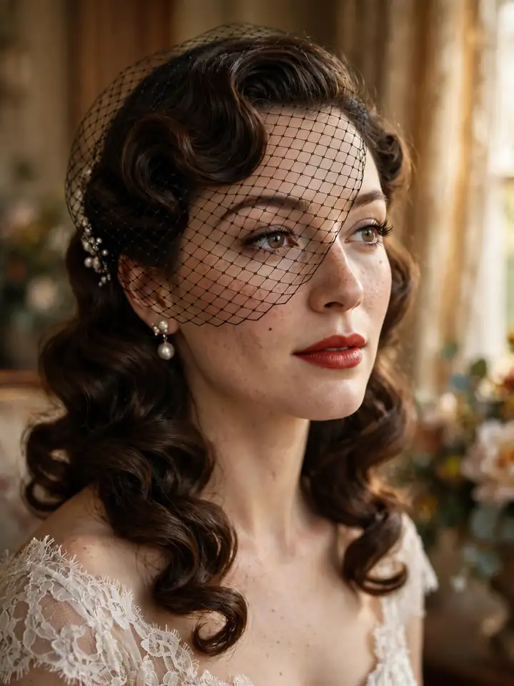 Old Hollywood curls worn down with birdcage veil — vintage down wedding hairstyle