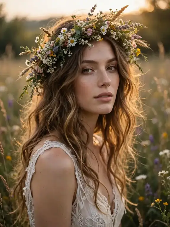Bohemian down wedding hairstyle with loose waves and a flower crown