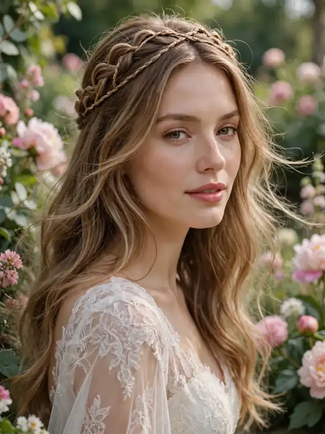 Braided crown half-down wedding hairstyle with the rest of the hair worn down