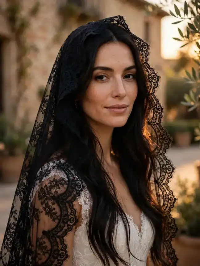 Spanish mantilla veil over long hair worn down — classic down wedding hairstyle