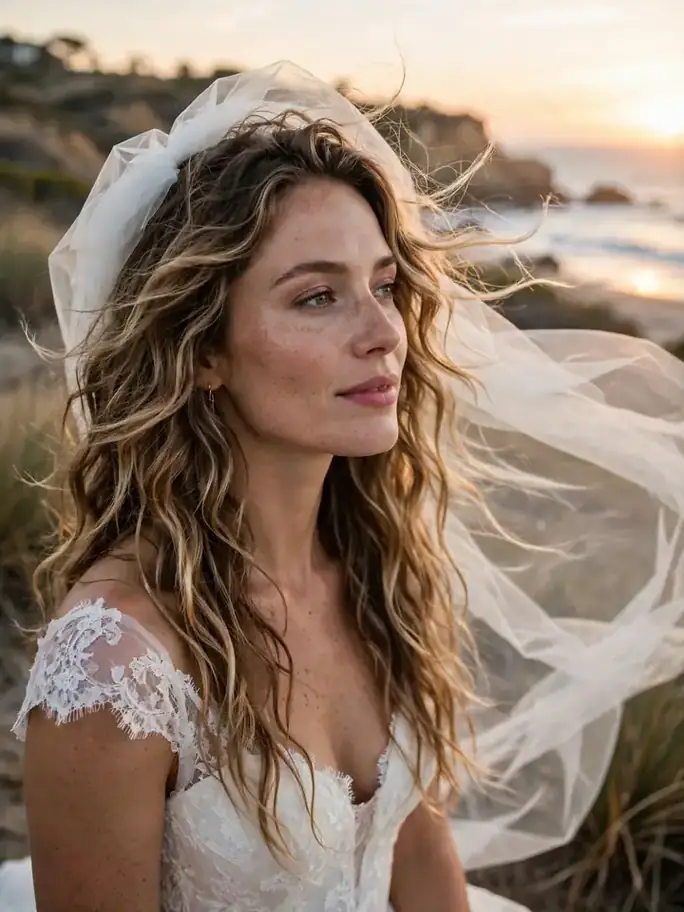 Textured beach waves worn down with fingertip veil — relaxed down wedding hairstyle