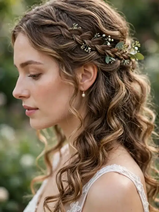Waterfall braid woven through curls worn down — romantic down wedding hairstyle