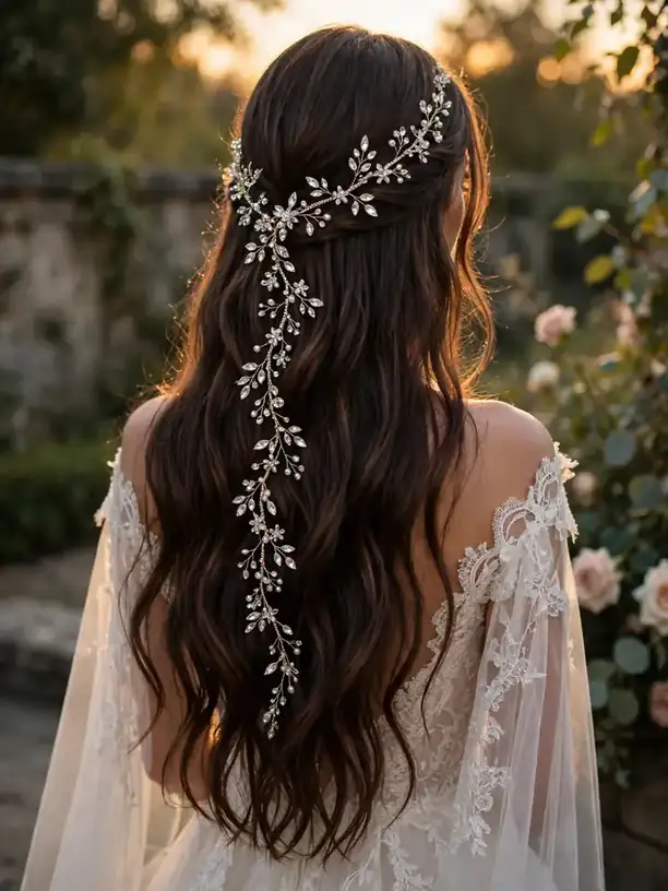 Crystal hair vine woven through long hair worn down — sparkling down wedding hairstyle