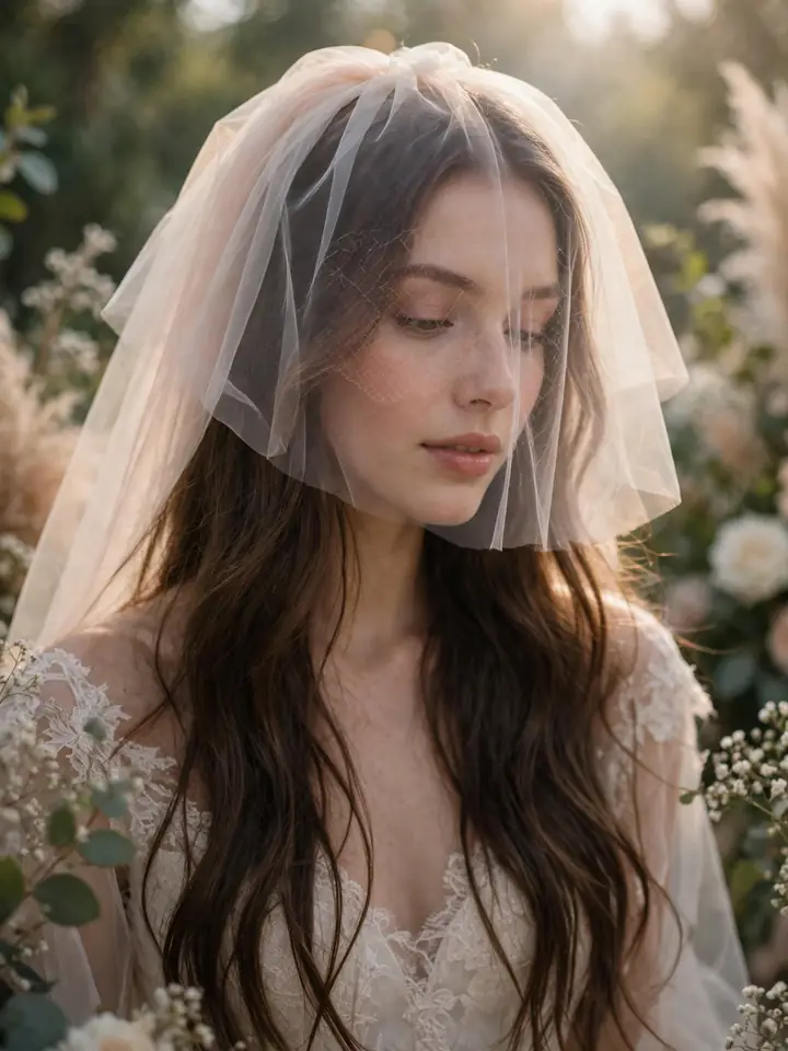 Blusher veil over soft hair worn down — ethereal down wedding hairstyle
