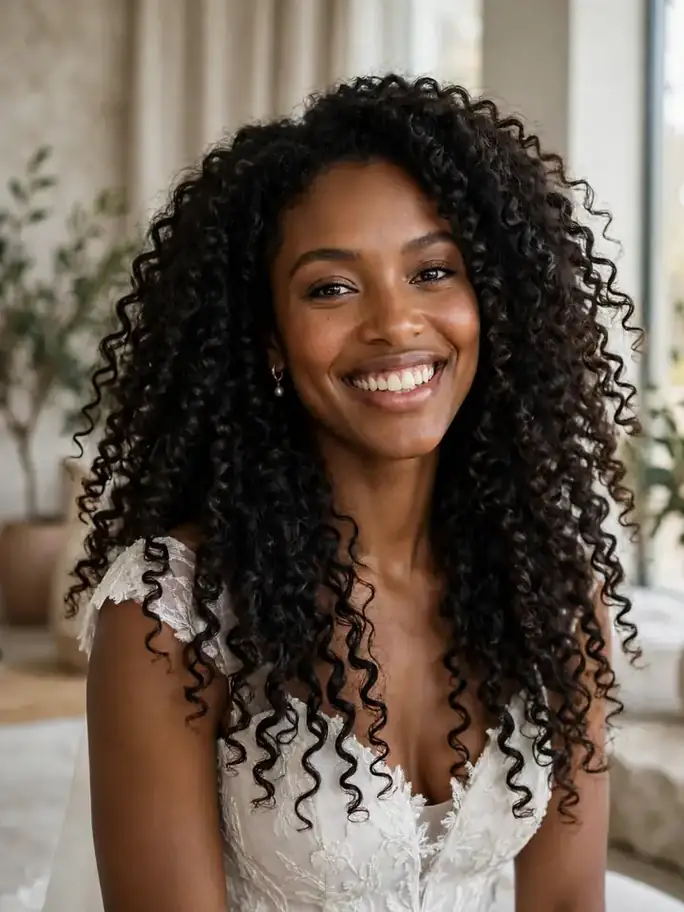 Natural curly hair worn fully down — textured down wedding hairstyle