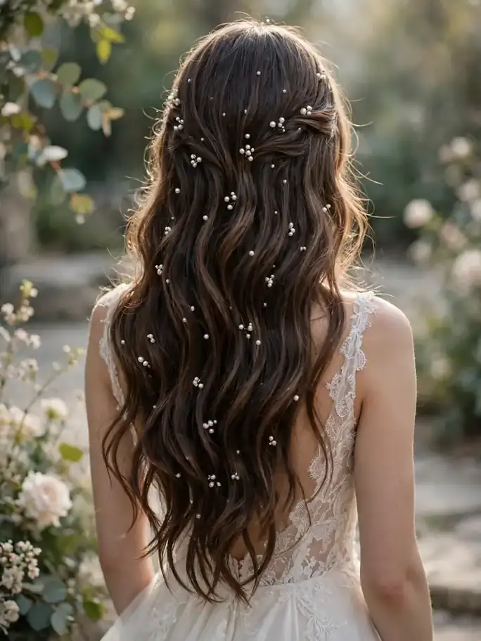 Pearl hair pins scattered through hair worn down — elegant down wedding hairstyle