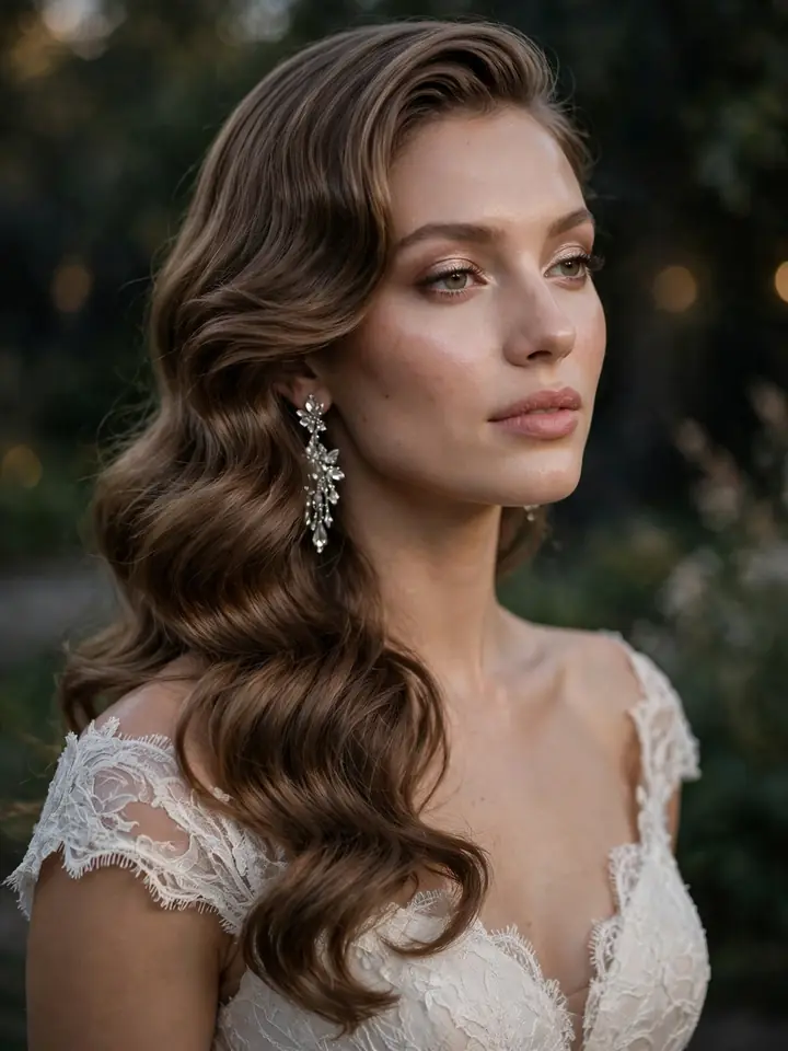 Side-swept down wedding hairstyle with hair worn down over one shoulder