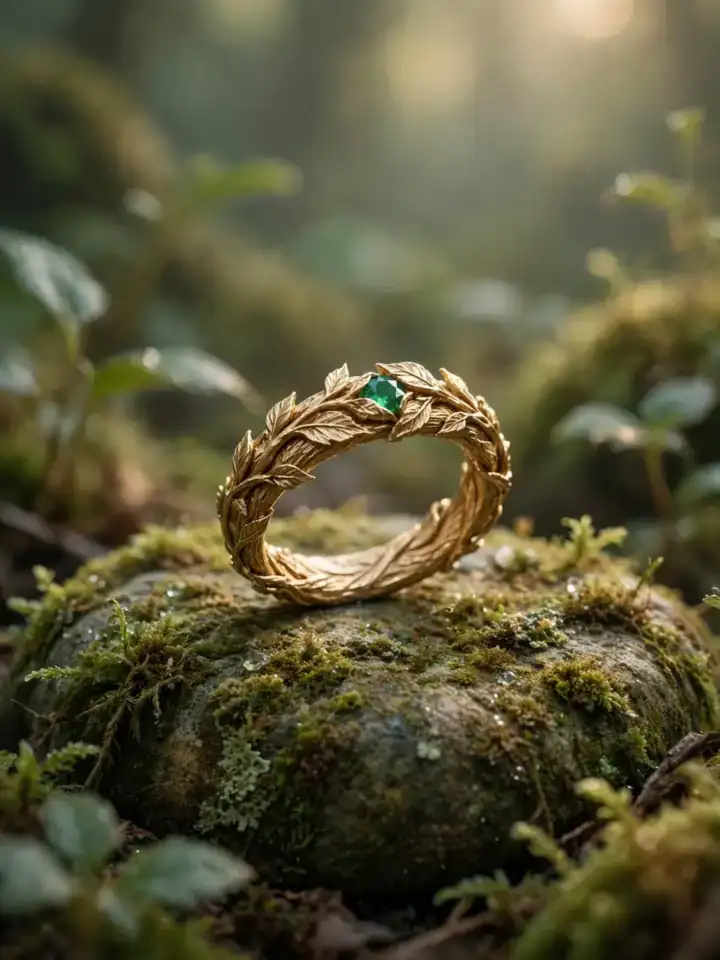 Elven leaf-and-vine fantasy wedding ring with emerald on mossy stone — fantasy wedding rings idea