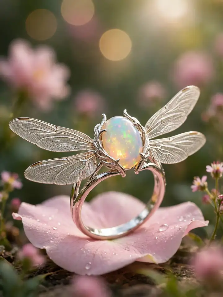 Fairy-wing opal fantasy wedding ring with white gold wings — fantasy wedding rings idea