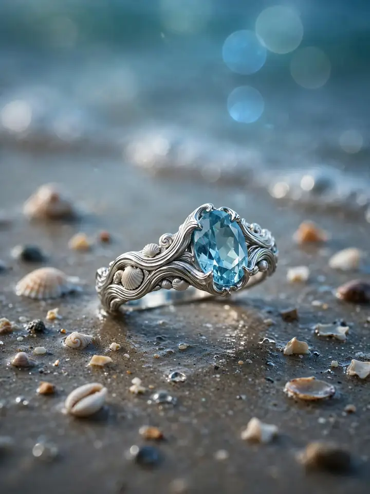 Mermaid aquamarine fantasy wedding ring with wave-carved band — fantasy wedding rings idea