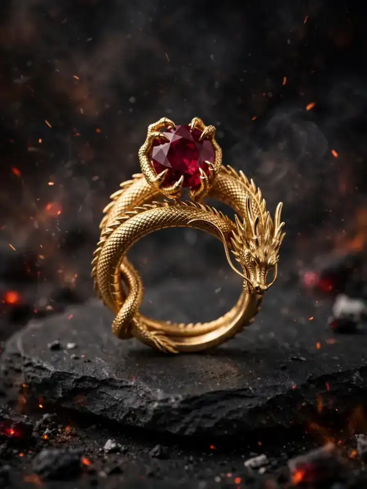 Dragon-wrapped ruby fantasy wedding ring with gold dragon coil — fantasy wedding rings idea
