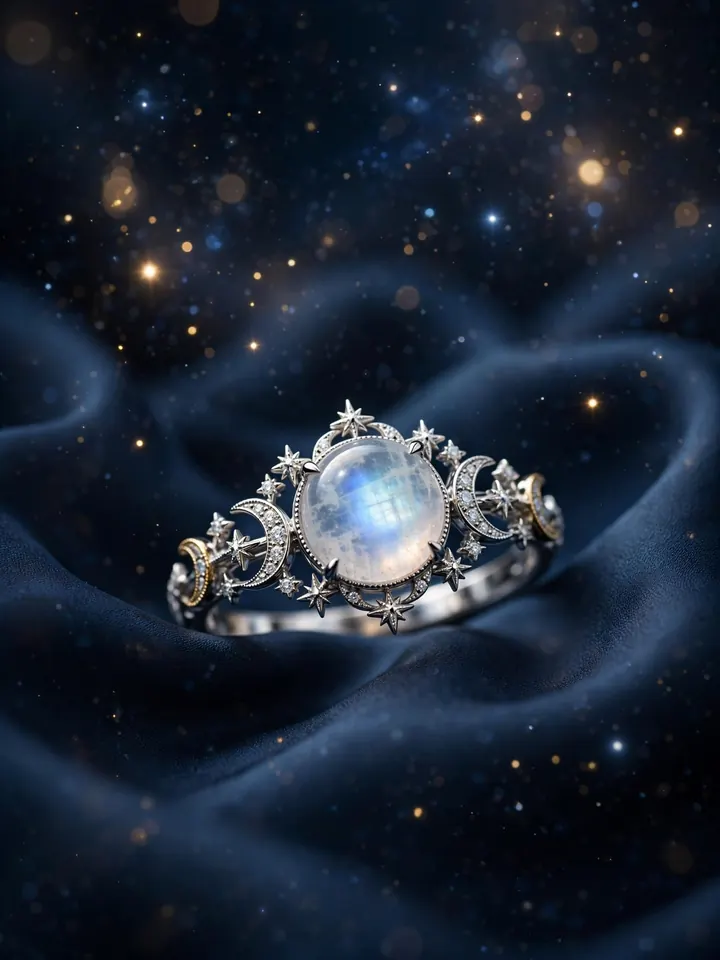 Moonstone celestial fantasy wedding ring with star-set diamonds — fantasy wedding rings idea