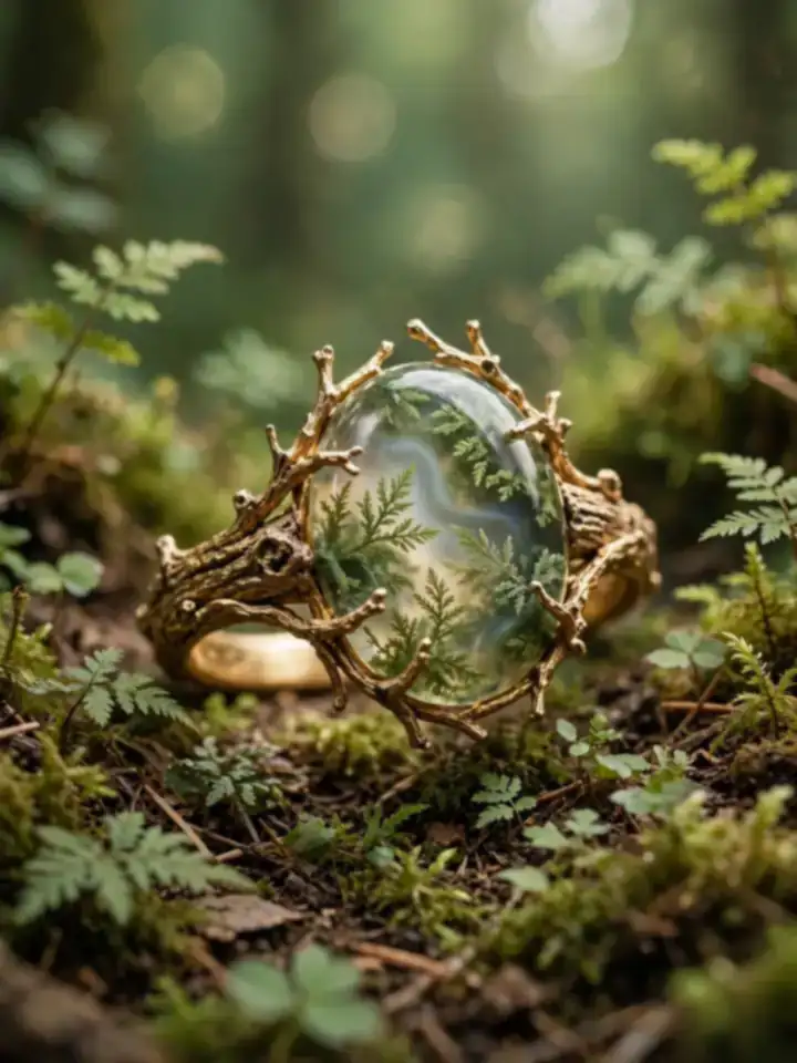 Enchanted forest moss agate fantasy wedding ring with bark-textured band — fantasy wedding rings idea