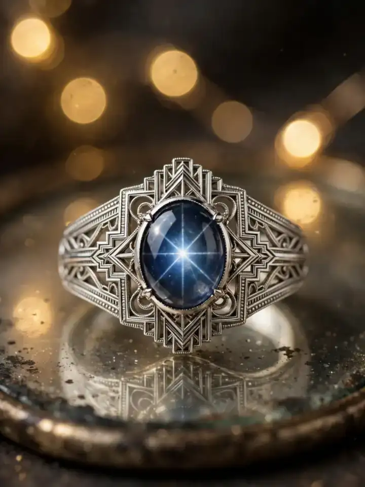 1920s Art Deco star sapphire fantasy wedding ring with geometric platinum setting — fantasy wedding rings idea