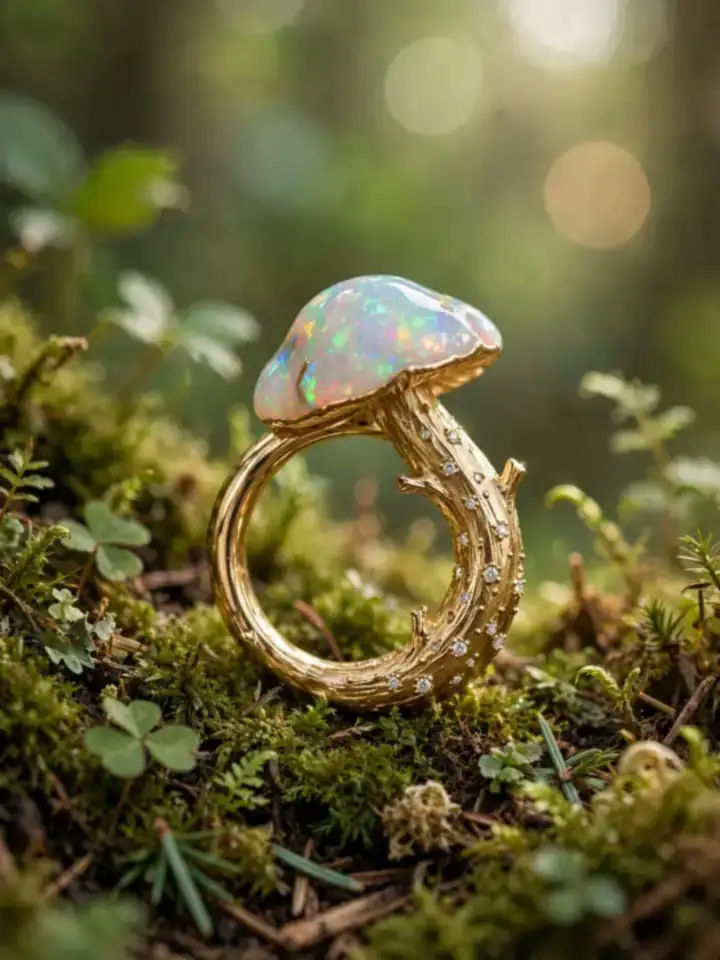 Cottagecore mushroom fantasy wedding ring with opal cap on moss — fantasy wedding rings idea