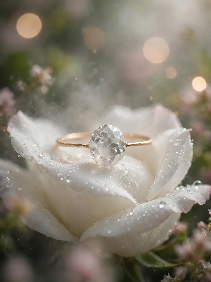 Ethereal rose-cut diamond fantasy wedding ring on rose petal — fantasy wedding rings idea