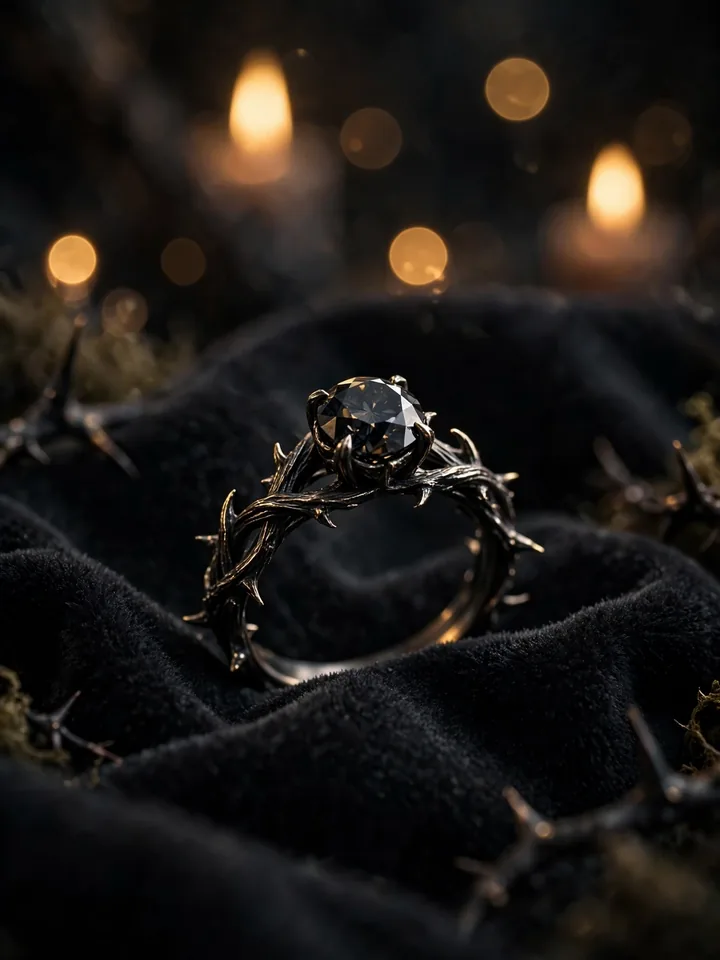 Dark fantasy black diamond thorn fantasy wedding ring on black velvet — fantasy wedding rings idea