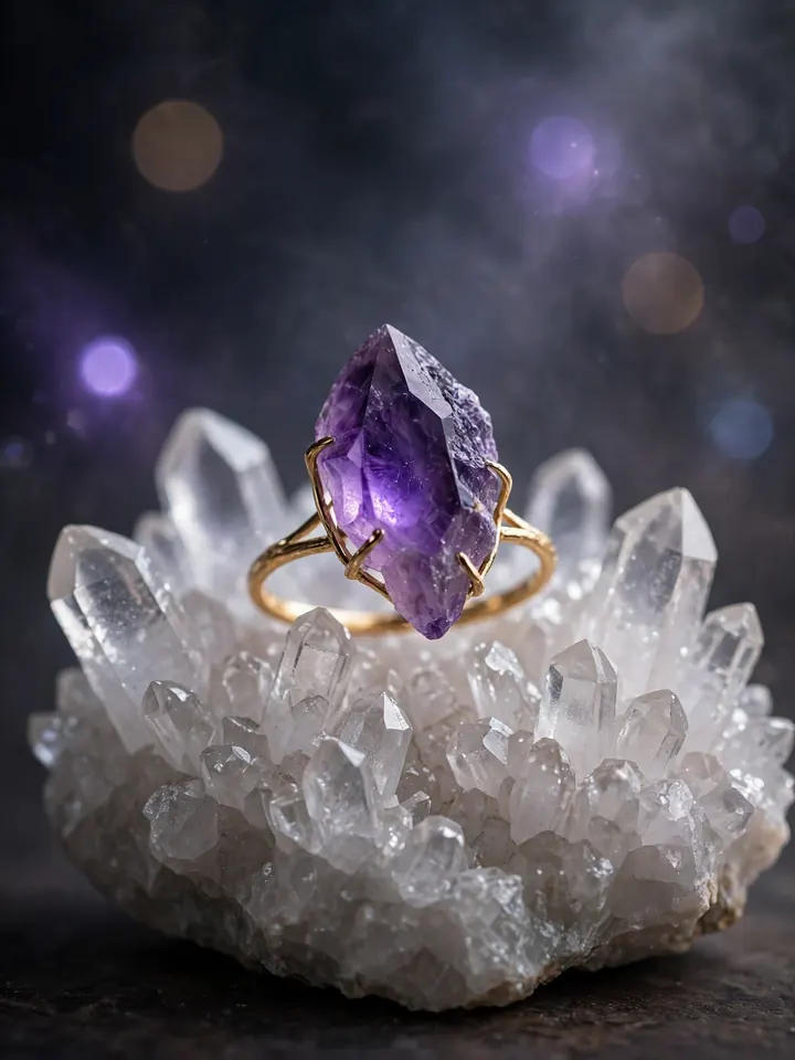 Raw amethyst crystal fantasy wedding ring in gold prongs — fantasy wedding rings idea