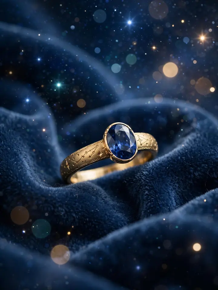 Starry-night constellation sapphire fantasy wedding ring with engraved band — fantasy wedding rings idea