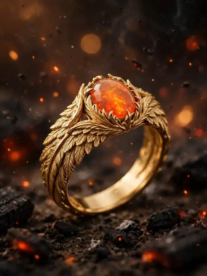 Phoenix fire opal fantasy wedding ring with feathered gold shank — fantasy wedding rings idea