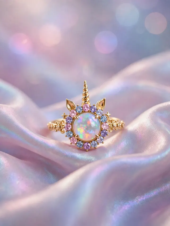 Unicorn pastel sapphire fantasy wedding ring with iridescent opal — fantasy wedding rings idea