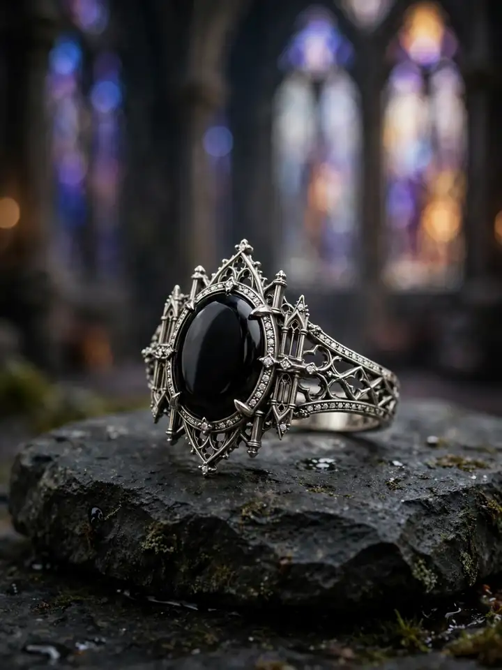 Gothic cathedral onyx fantasy wedding ring with filigree arches — fantasy wedding rings idea