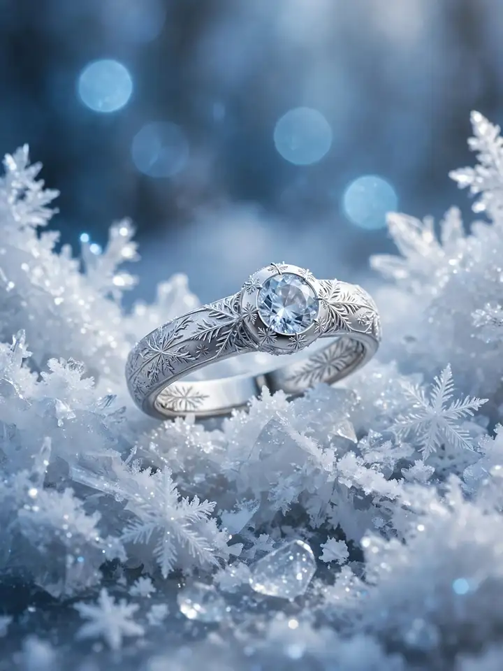 Winter-fae frost engraved fantasy wedding ring with white sapphire on ice — fantasy wedding rings idea