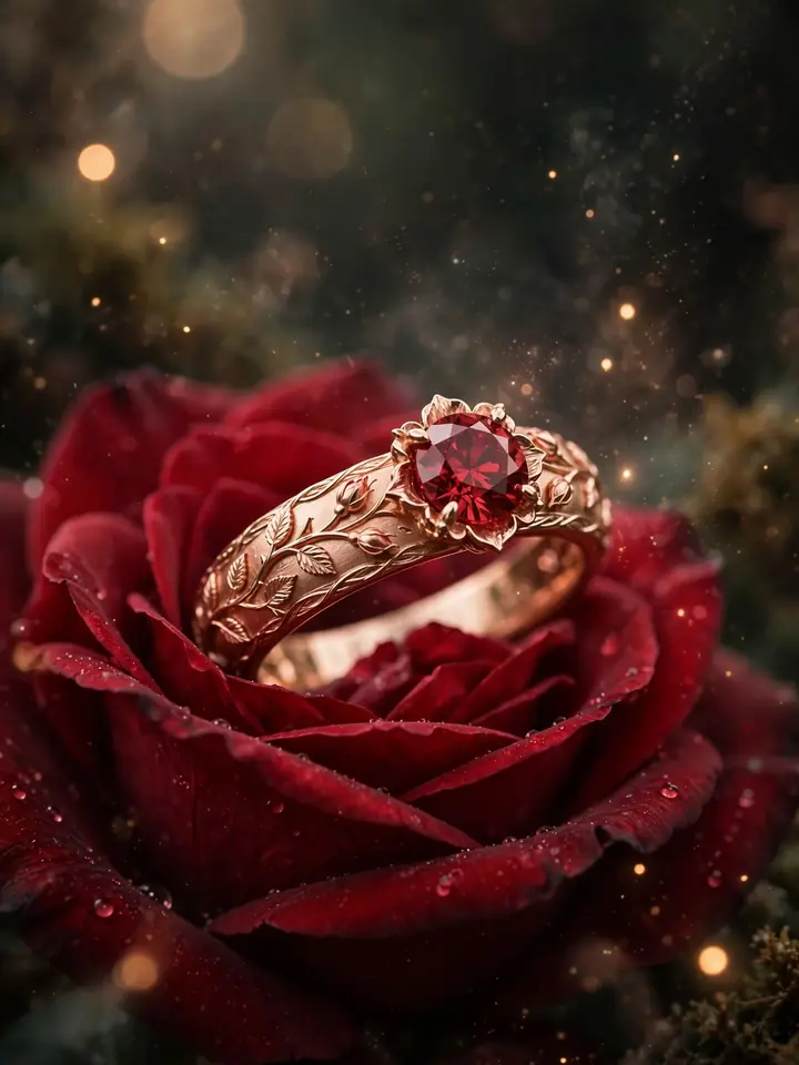 Enchanted rose spinel fantasy wedding ring in rose gold on red rose — fantasy wedding rings idea