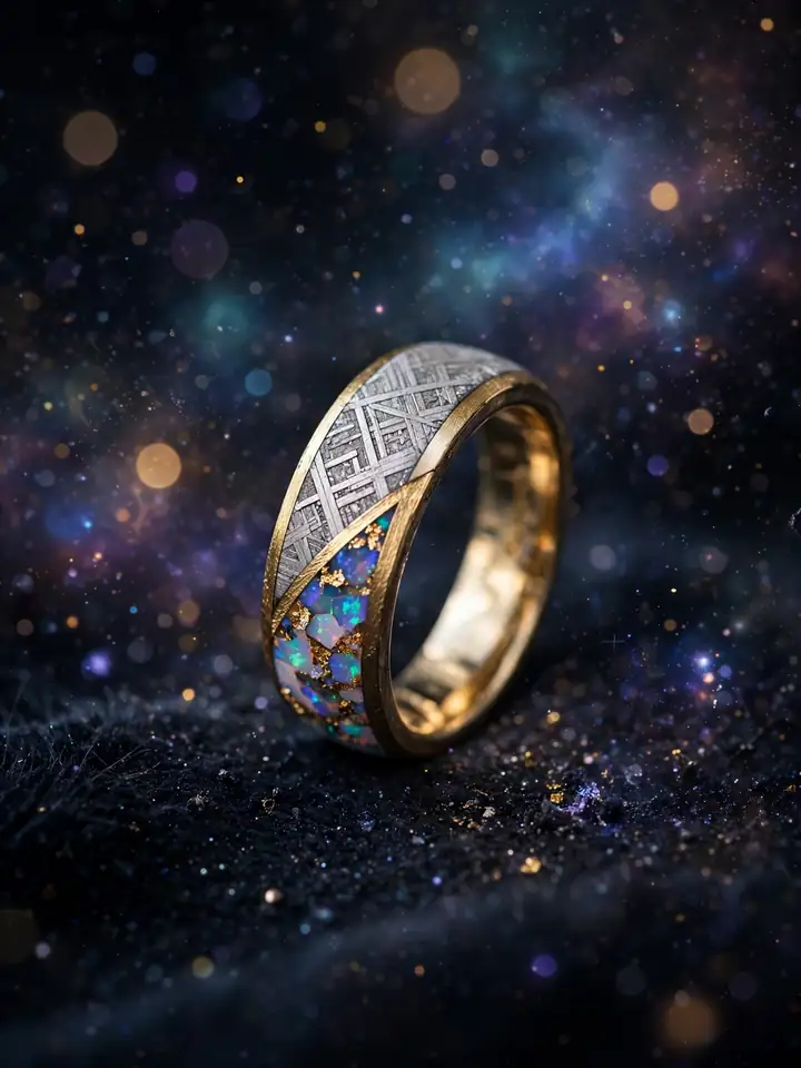 Meteorite cosmic fantasy wedding ring band with starry inlay — fantasy wedding rings idea
