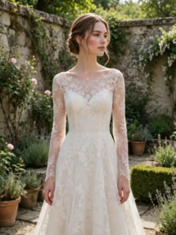A-line Chantilly lace French wedding dress with long sheer sleeves