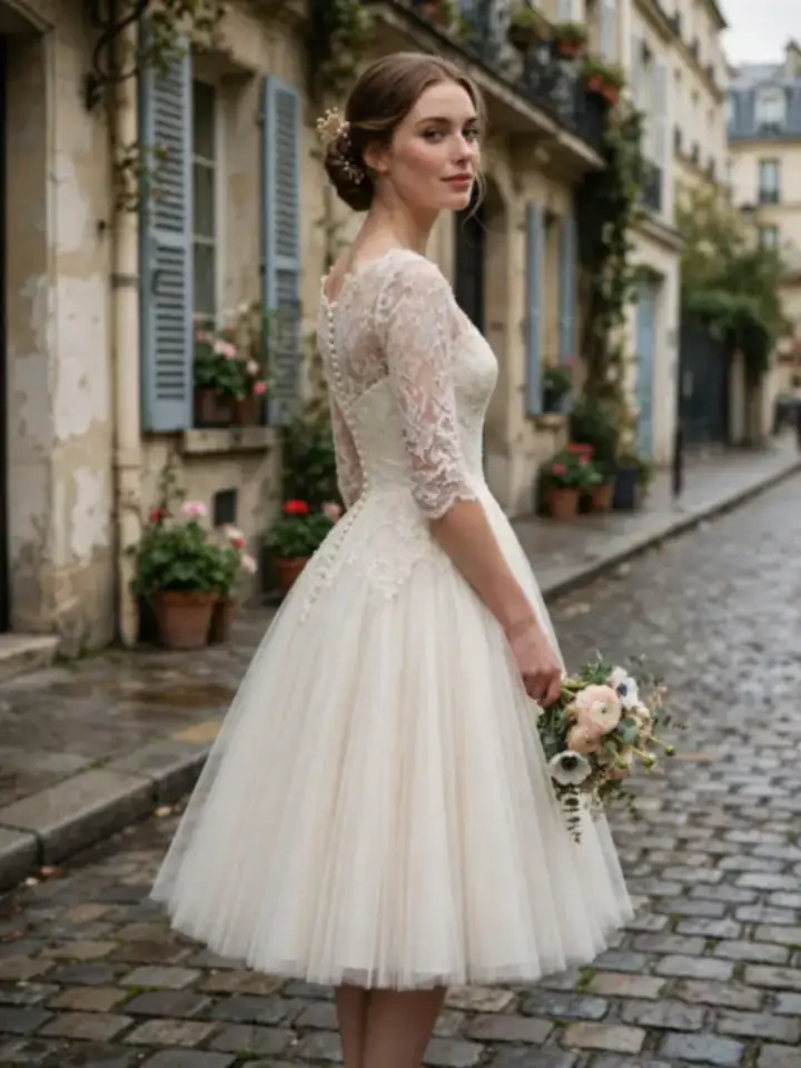 Vintage-inspired tea-length French wedding dress with fitted lace bodice