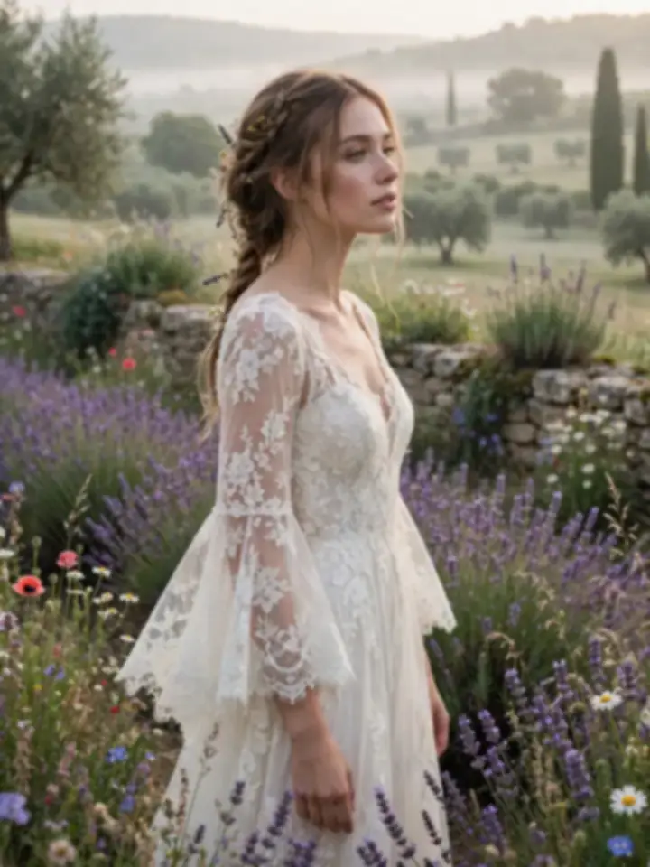 Romantic boho French wedding dress with floral lace and bell sleeves