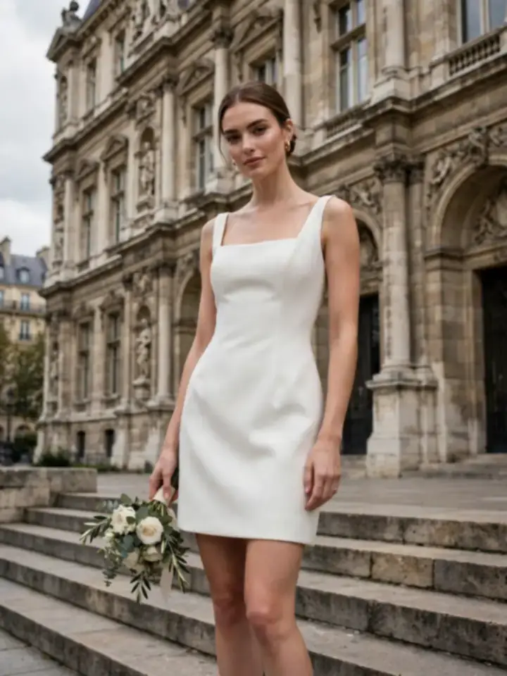 Chic short Parisian courthouse French wedding dress in crepe