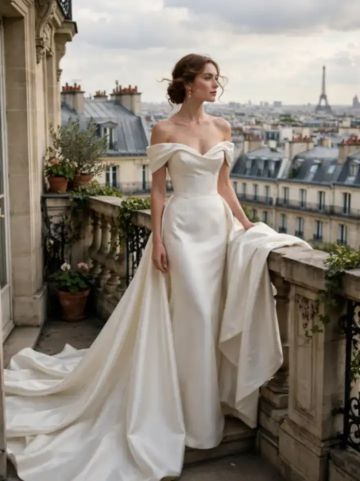 Off-the-shoulder Bardot neckline French wedding dress in ivory satin