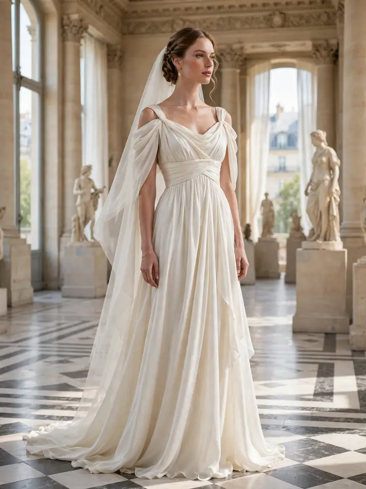 Empire-waist Grecian style French wedding dress in flowing silk